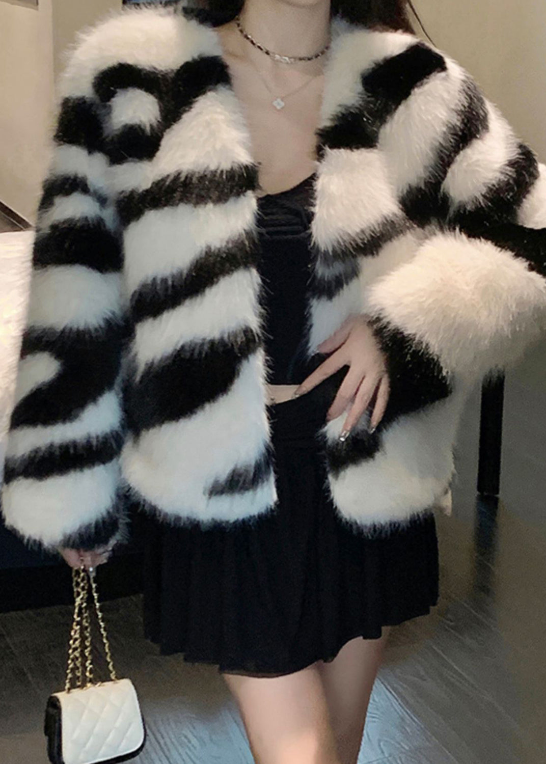 White Original Design Fuzzy Fur Fluffy Coats V Neck Winter RH035 ABC