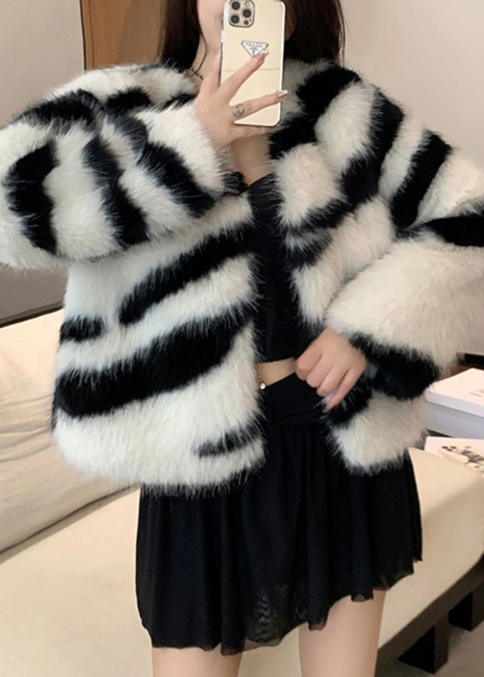 White Original Design Fuzzy Fur Fluffy Coats V Neck Winter RH035 ABC