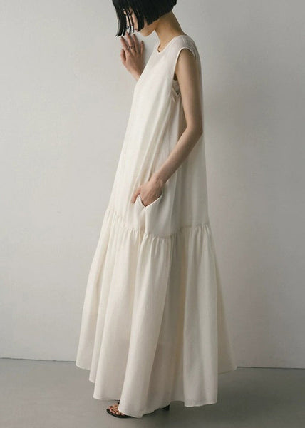 Large Maxi Exra White Dresses Hem Sleeveless Cotton Patchwork FashionChic