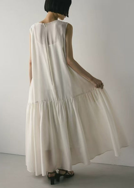 Large Maxi Exra White Dresses Hem Sleeveless Cotton Patchwork FashionChic