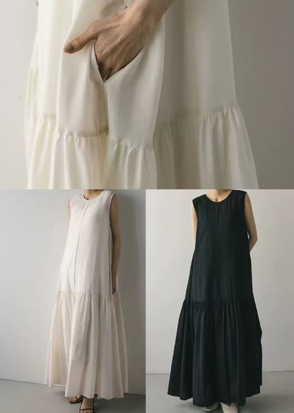 Large Maxi Exra White Dresses Hem Sleeveless Cotton Patchwork FashionChic