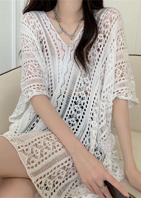 Knit Summer Hollow Patchwork T Out White Shirts FashionChic