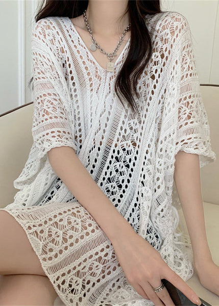 Knit Summer Hollow Patchwork T Out White Shirts FashionChic