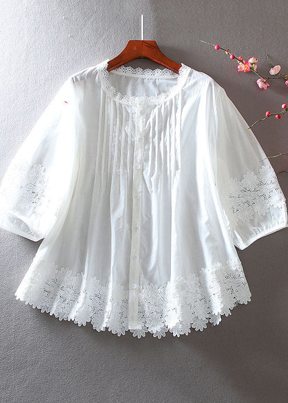 White Patchwork Lace Cotton Shirt Wrinkled Summer YY009 OL-HTP2408-16