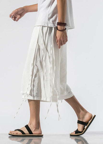 White Pockets Elastic Waist Men Crop Pants Summer YT022 Men-Silk-MENCP240721