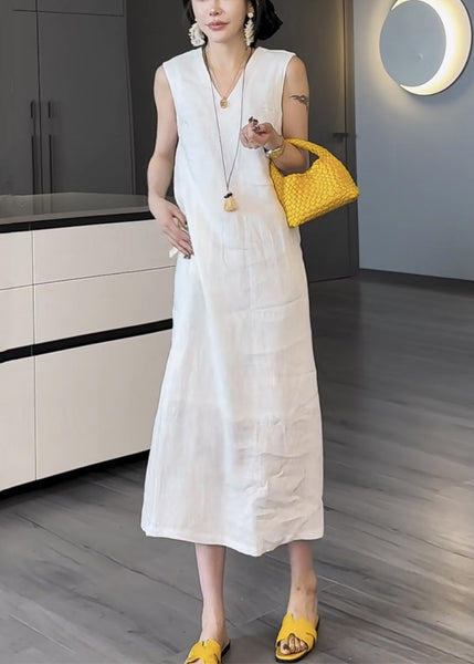 Pockets V Long Two Neck Summer Cotton White Pieces Dress False FashionChic