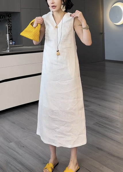 Pockets V Long Two Neck Summer Cotton White Pieces Dress False FashionChic