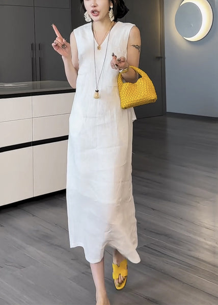 Pockets V Long Two Neck Summer Cotton White Pieces Dress False FashionChic