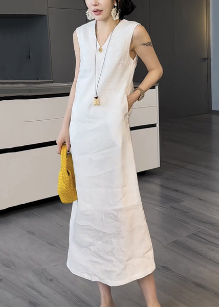 Pockets V Long Two Neck Summer Cotton White Pieces Dress False FashionChic