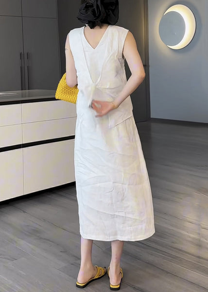 Pockets V Long Two Neck Summer Cotton White Pieces Dress False FashionChic