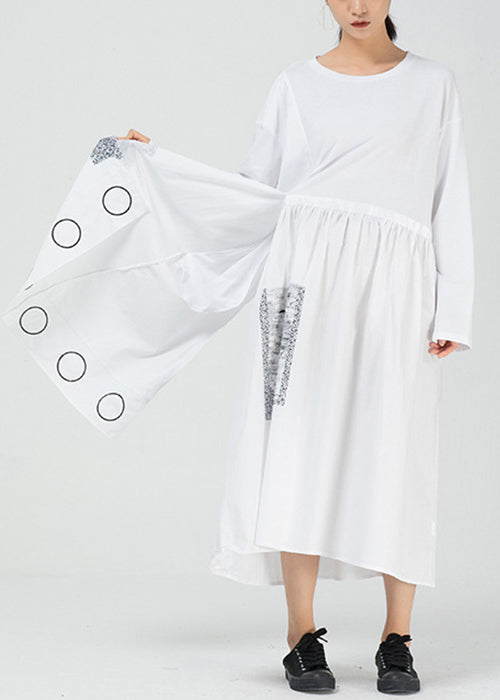 White Pockets Patchwork Cotton Long Dress O Neck Spring AA1009 Ada Fashion