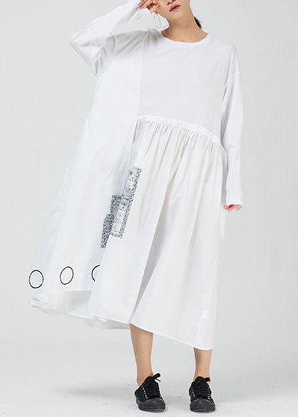 White Pockets Patchwork Cotton Long Dress O Neck Spring AA1009 Ada Fashion