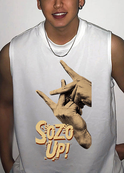 Summer Print Neck Mens Cotton White O Tank FashionChic