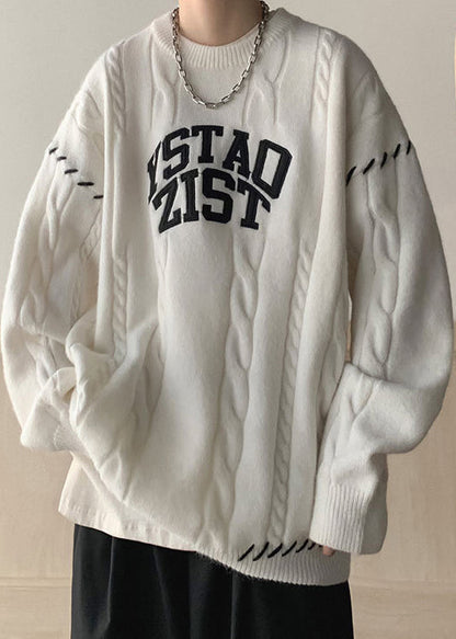 White Print Cozy Cotton Knit Winter Men Sweaters O Neck QF032 MENSW241016