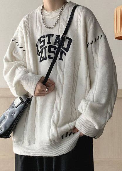 White Print Cozy Cotton Knit Winter Men Sweaters O Neck QF032 MENSW241016