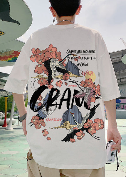 T Print Neck Shirts Sleeve Men Loose O White Half Cotton FashionChic