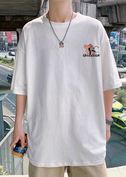 T Print Neck Shirts Sleeve Men Loose O White Half Cotton FashionChic