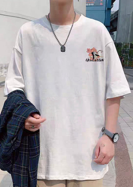 T Print Neck Shirts Sleeve Men Loose O White Half Cotton FashionChic