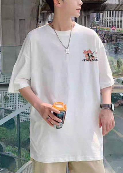 T Print Neck Shirts Sleeve Men Loose O White Half Cotton FashionChic