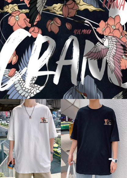 T Print Neck Shirts Sleeve Men Loose O White Half Cotton FashionChic
