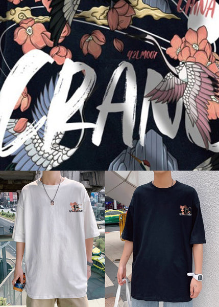 T Print Neck Shirts Sleeve Men Loose O White Half Cotton FashionChic