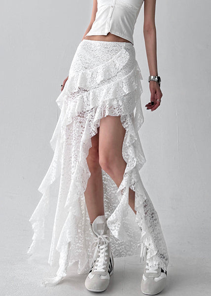 Skirt Asymmetrical White Ruffled Solid Lace Summer FashionChic