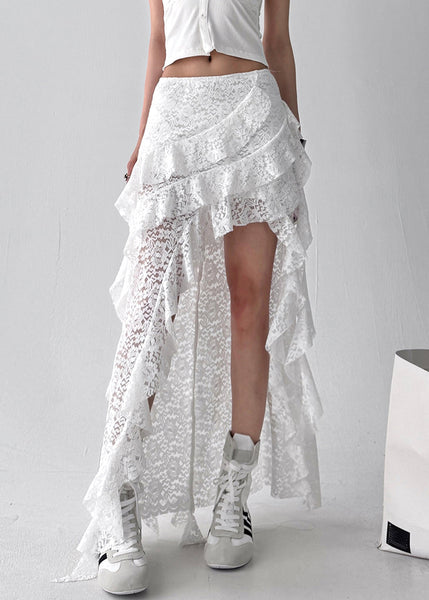 Skirt Asymmetrical White Ruffled Solid Lace Summer FashionChic