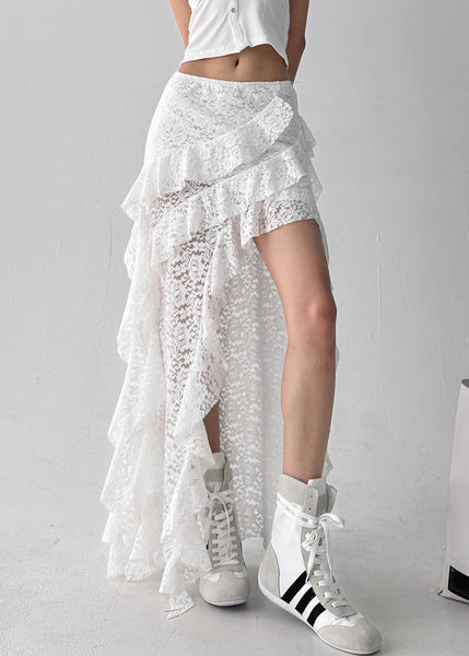 Skirt Asymmetrical White Ruffled Solid Lace Summer FashionChic