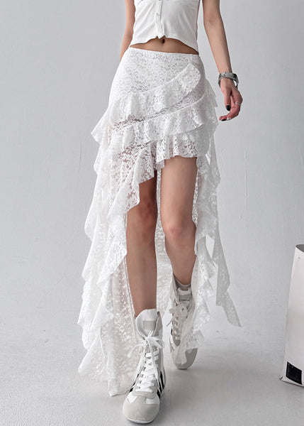 Skirt Asymmetrical White Ruffled Solid Lace Summer FashionChic