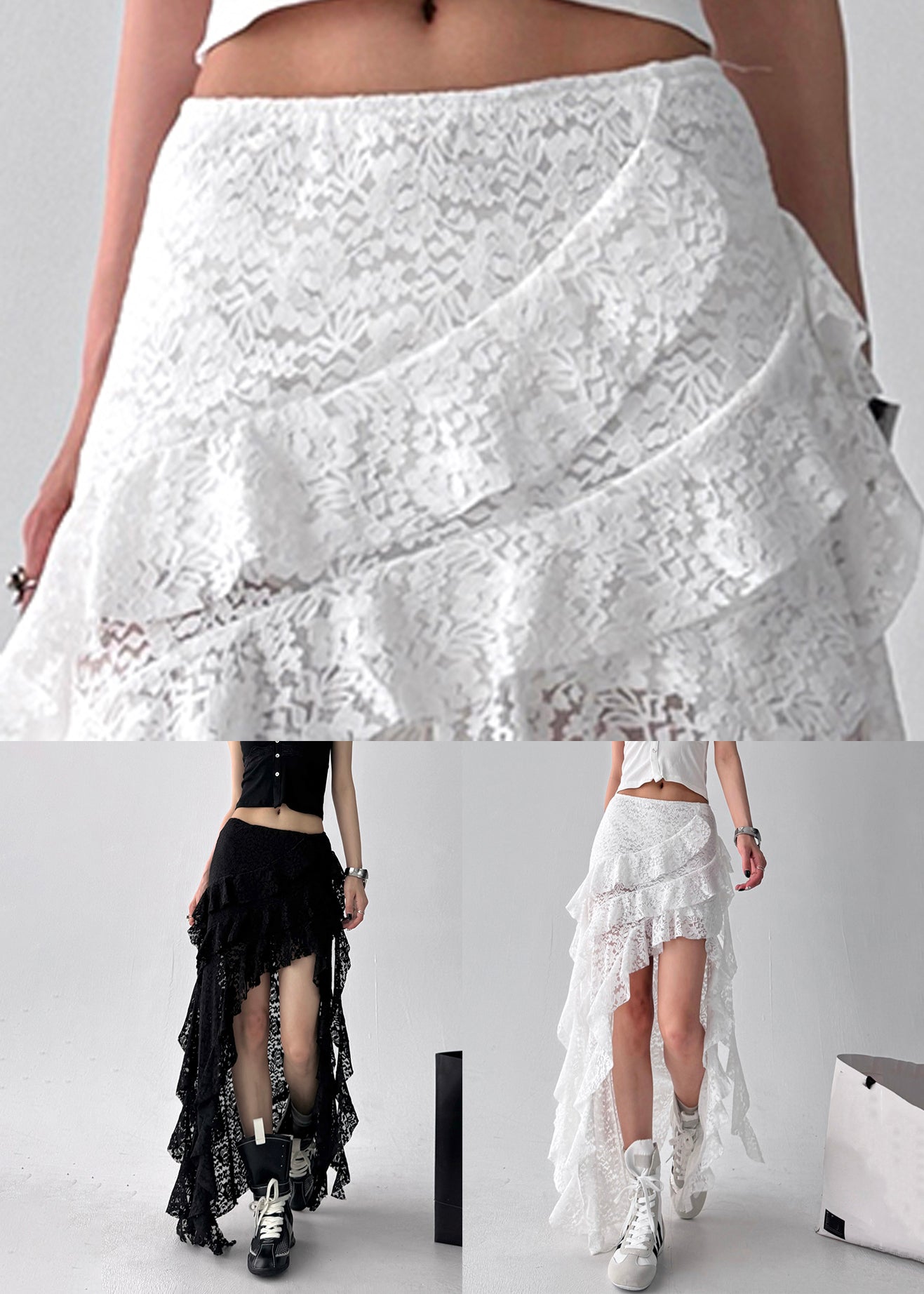 Skirt Asymmetrical White Ruffled Solid Lace Summer FashionChic