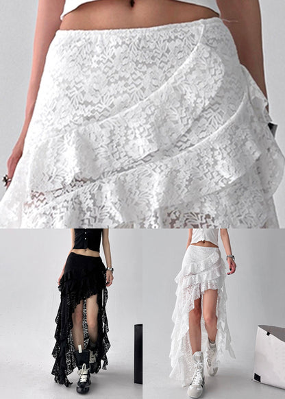 Skirt Asymmetrical White Ruffled Solid Lace Summer FashionChic