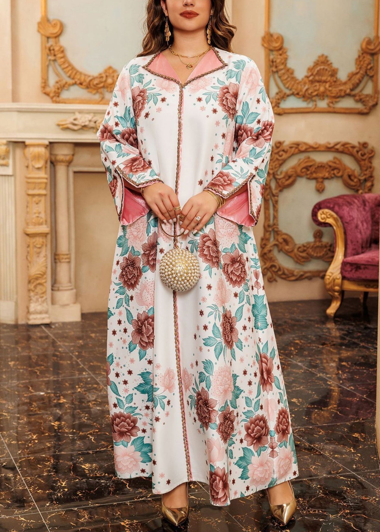 White Side Open Patchwork Fall Long Dress Print QL012 OM-ZS241023