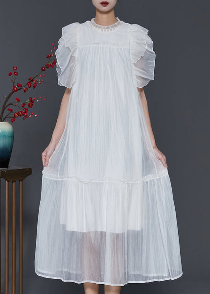 White Silk Long Dress Ruffled Nail Bead Petal Sleeve SD1068 Ada Fashion