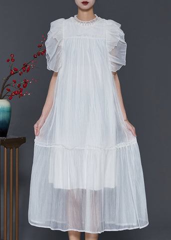 White Silk Long Dress Ruffled Nail Bead Petal Sleeve SD1068 Ada Fashion