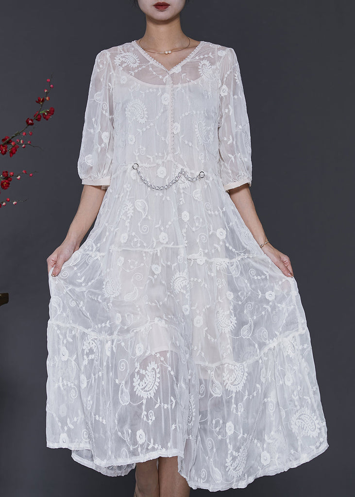 White Silk Maxi Dress V Neck Embroidered Half Sleeve SD1073 Ada Fashion