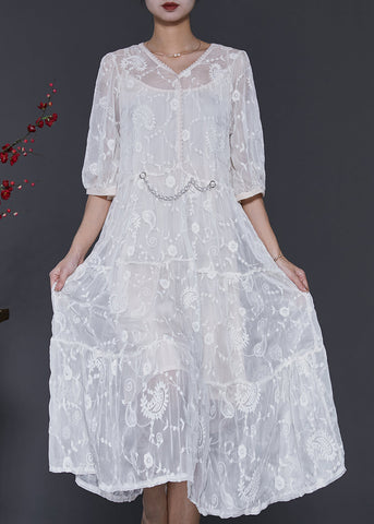 White Silk Maxi Dress V Neck Embroidered Half Sleeve SD1073 Ada Fashion