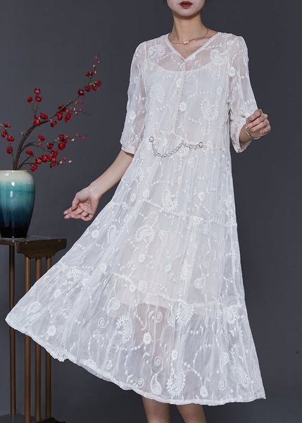 White Silk Maxi Dress V Neck Embroidered Half Sleeve SD1073 Ada Fashion