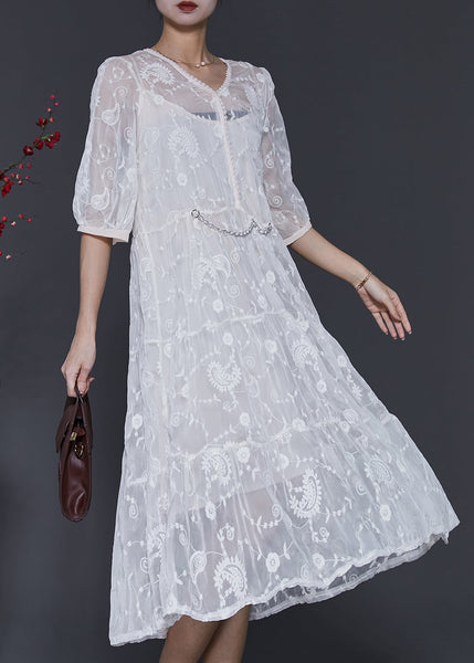 White Silk Maxi Dress V Neck Embroidered Half Sleeve SD1073 Ada Fashion