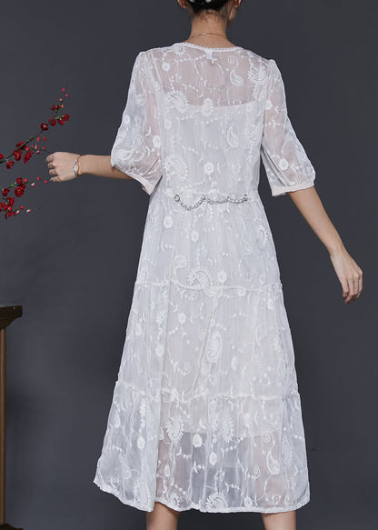 White Silk Maxi Dress V Neck Embroidered Half Sleeve SD1073 Ada Fashion