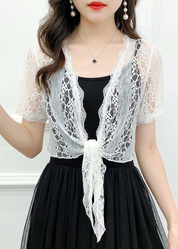 White Solid Hollow Out Lace Cardigan V Neck Short Sleeve Ada Fashion