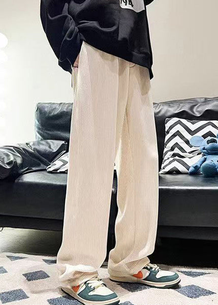 White Solid Loose Warm Fleece Corduroy Men Pants Elastic Waist Spring RM045 ABC