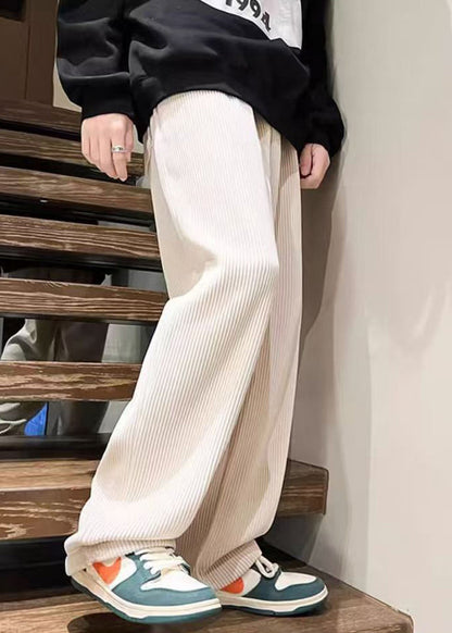 White Solid Loose Warm Fleece Corduroy Men Pants Elastic Waist Spring RM045 ABC