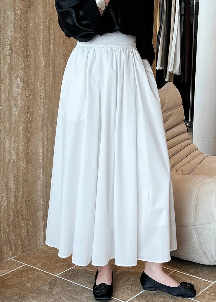 White Solid Pockets Cotton Pleated Skirt High Waist Ada Fashion