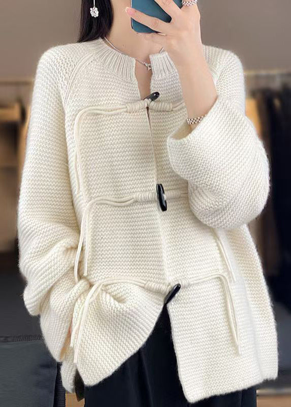 White Solid Woolen Knit Coat O-Neck Long Sleeve AB1029 Genistyle Shop