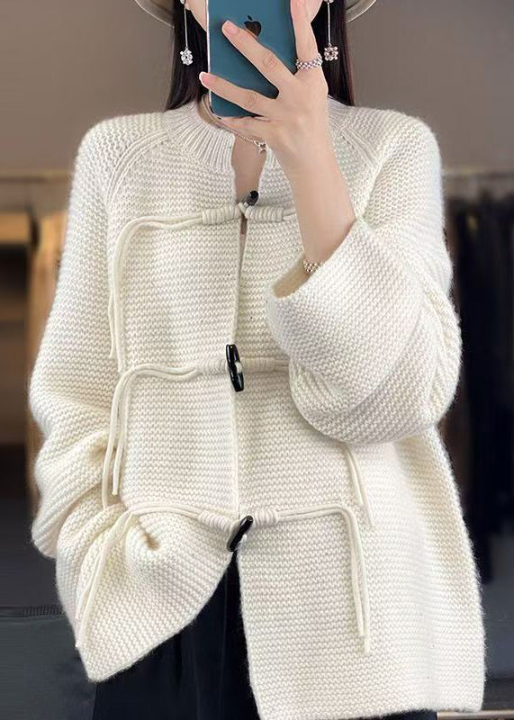 White Solid Woolen Knit Coat O-Neck Long Sleeve AB1029 Genistyle Shop