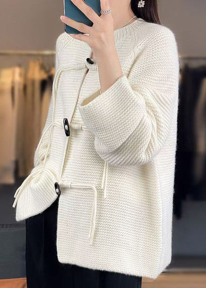 White Solid Woolen Knit Coat O-Neck Long Sleeve AB1029 Genistyle Shop