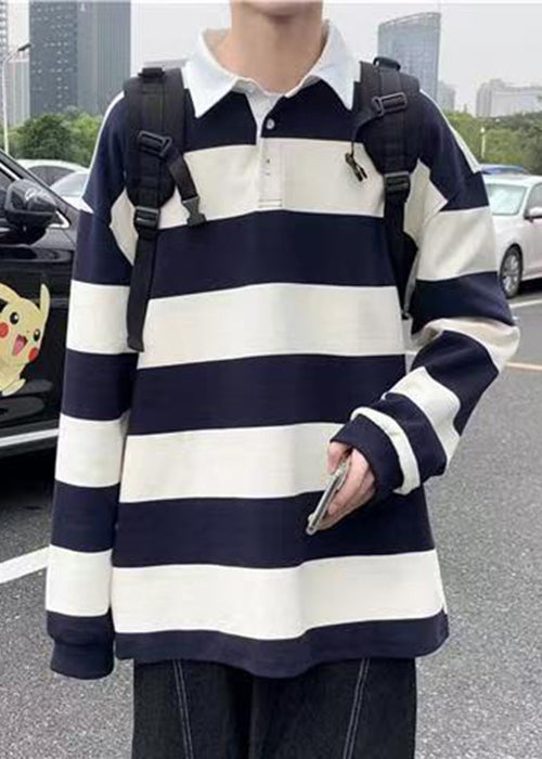 Spring Button Polo White Cotton Shirts Striped Mens FashionChic