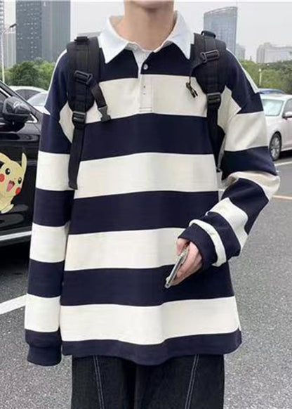 Spring Button Polo White Cotton Shirts Striped Mens FashionChic