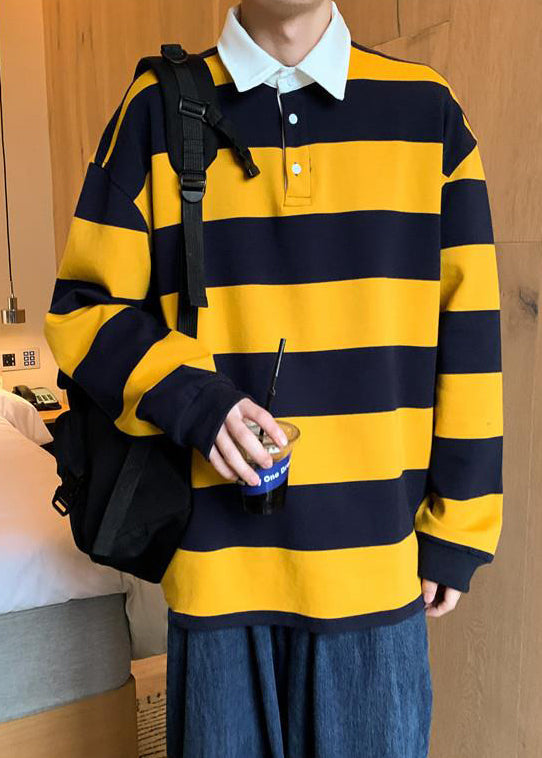 Spring Button Polo White Cotton Shirts Striped Mens FashionChic