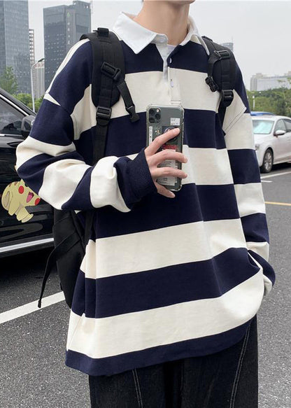 Spring Button Polo White Cotton Shirts Striped Mens FashionChic